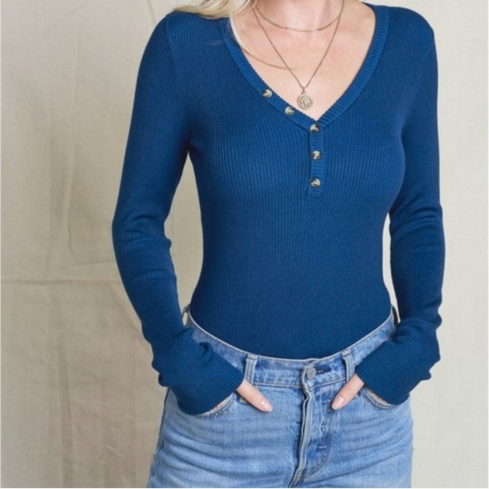Teal Soft and Stretchy Ribbed Knit Long Sleeve Henley Top - Picture 8 of 11